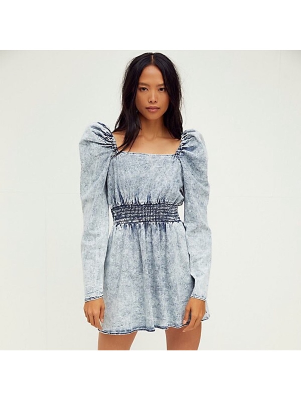 Free People Smocked Waist Acid-Wash Mini Dress - Light Denim